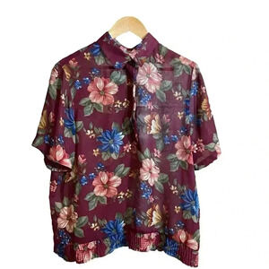 VGT ALFRED DUNNER Women's Dress Blouse Floral Print Elastic Hem Burgundy Size 16